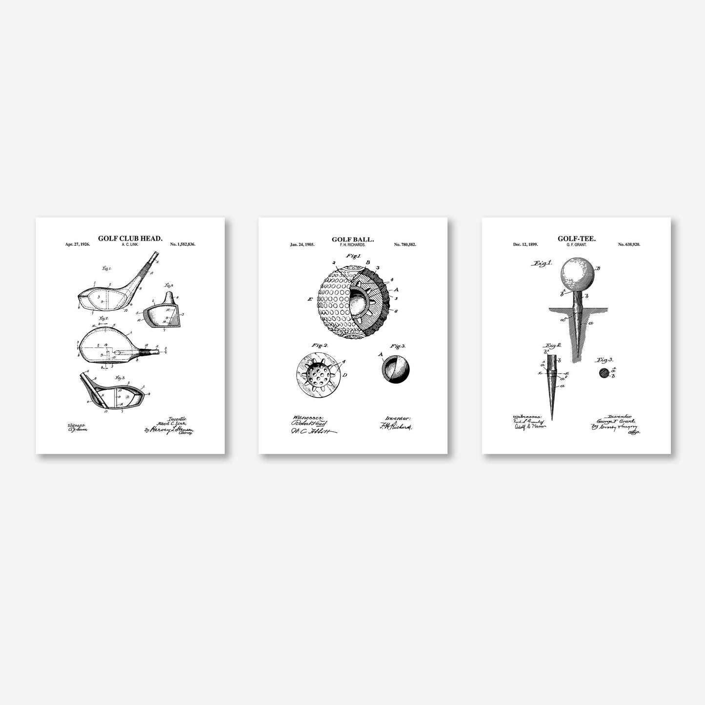 Set of three golf-themed posters with black and white illustrations on a white background