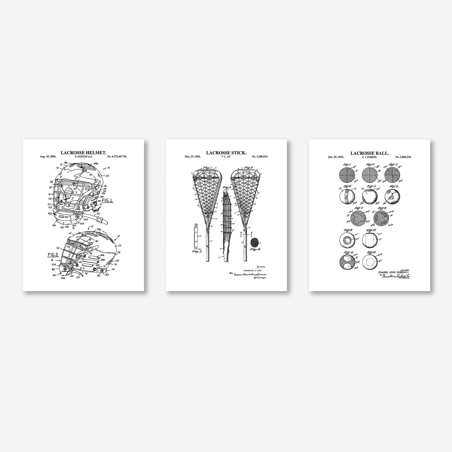 Set of three lacrosse-themed prints on a classic white background