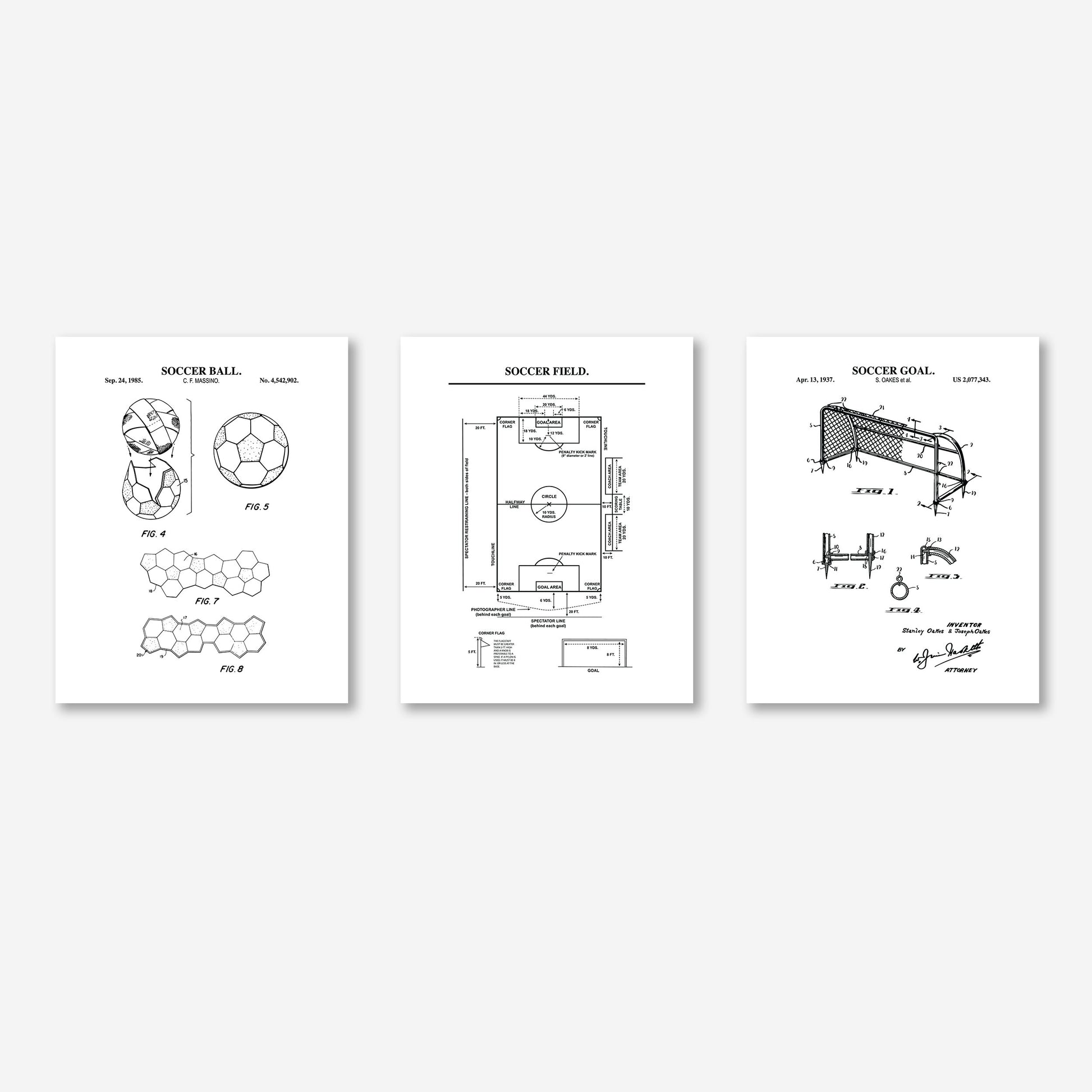 Three white wall art prints with black technical-style soccer illustrations and diagrams, shown side by side on a light gray background.