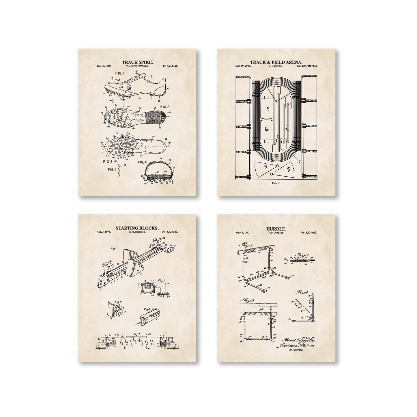 Set of four vintage-style posters with track and field equipment illustrations on a beige background.