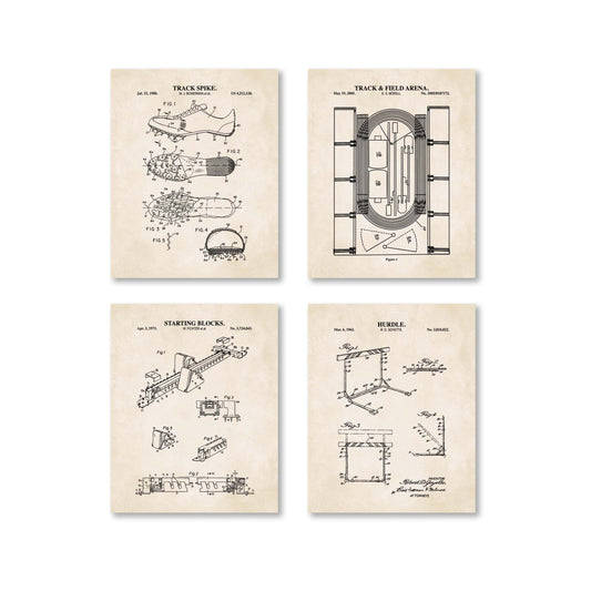 Set of four vintage-style posters with track and field equipment illustrations on a beige background.