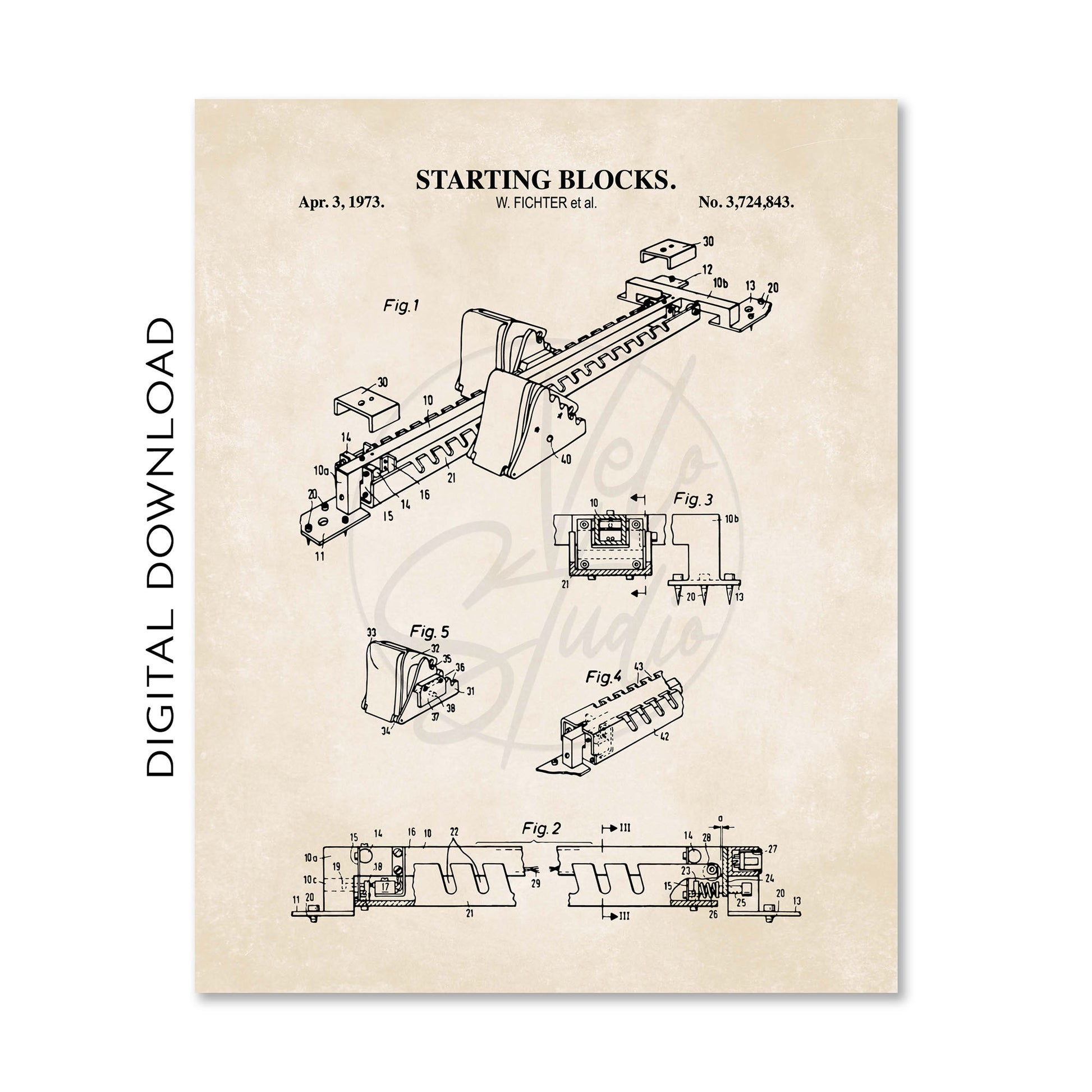Patent illustration of starting blocks on a beige background with 'Digital Download' text.