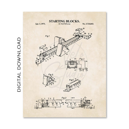 Patent illustration of starting blocks on a beige background with 'Digital Download' text.