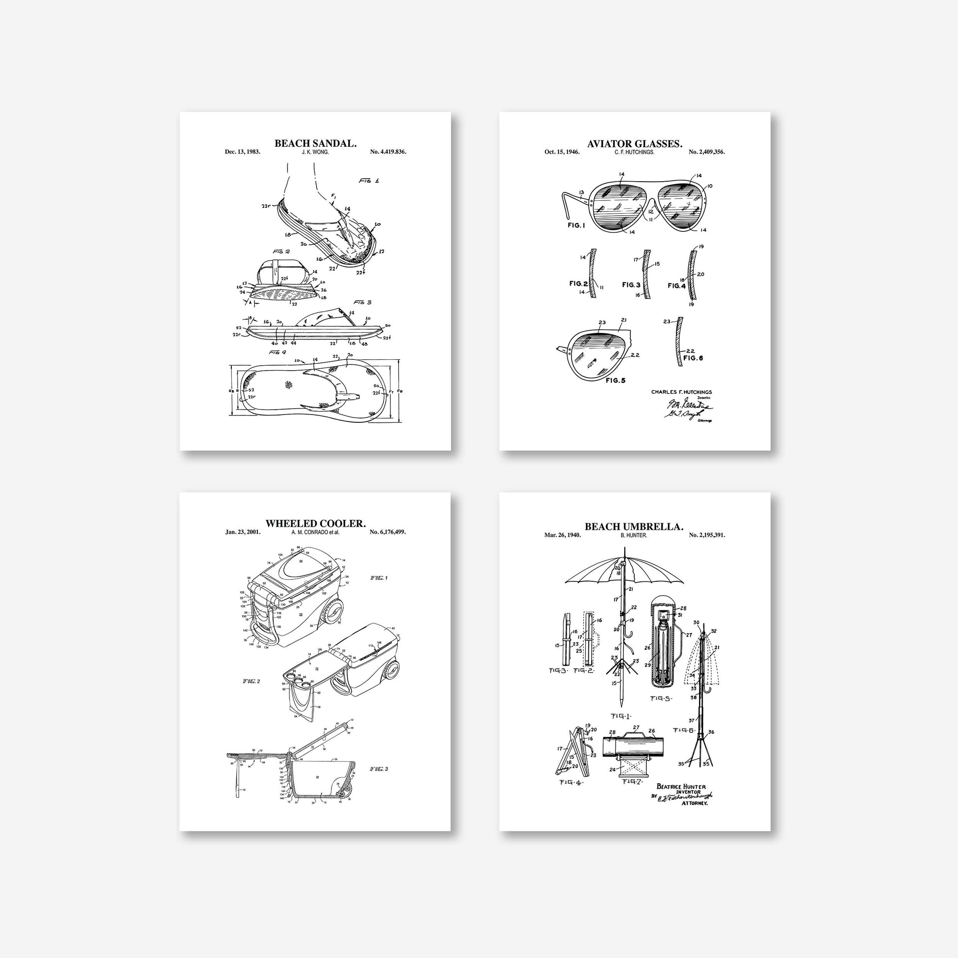 Set of four beach themed black and white patent-style prints on a white background