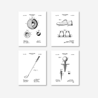 Set of four golf-themed posters with black line drawings on a white background