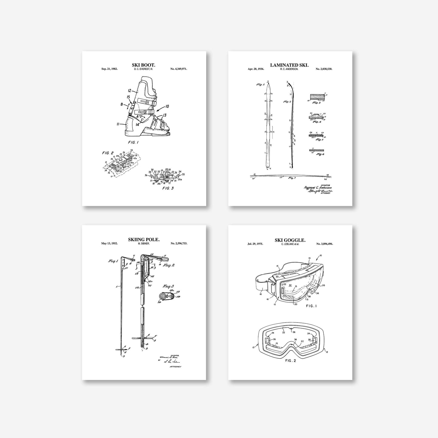 Skiing Patent Wall Art Set - Boot, Ski, Pole and Goggle - Ready to Frame Prints