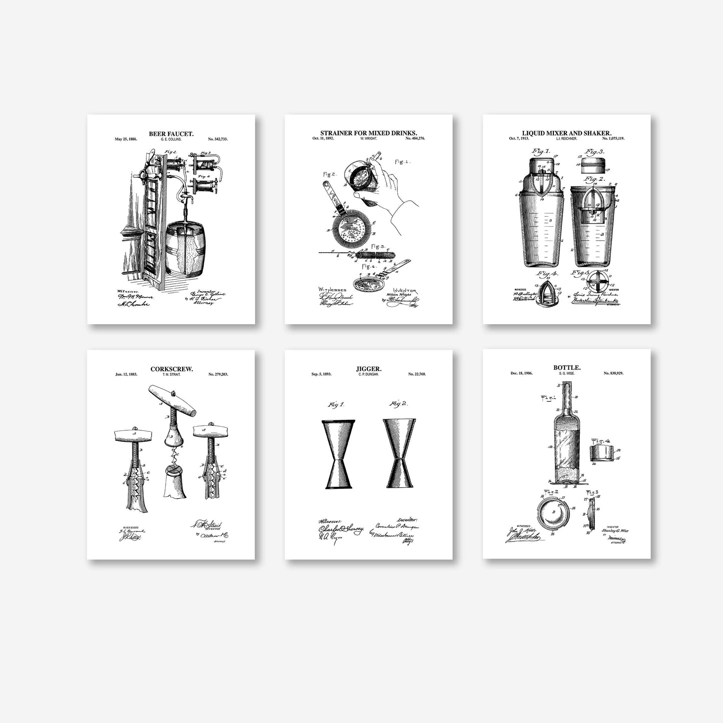 Bar Cart Patent Print Wall Art - Set of 6 Physical Prints