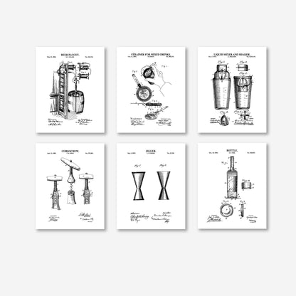 Bar Cart Patent Print Wall Art - Set of 6 Physical Prints