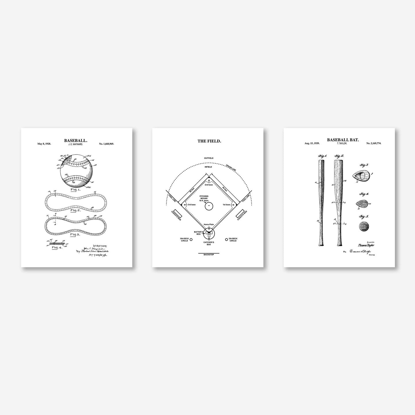 Three black and white prints of baseball-related patent illustrations on a white background.