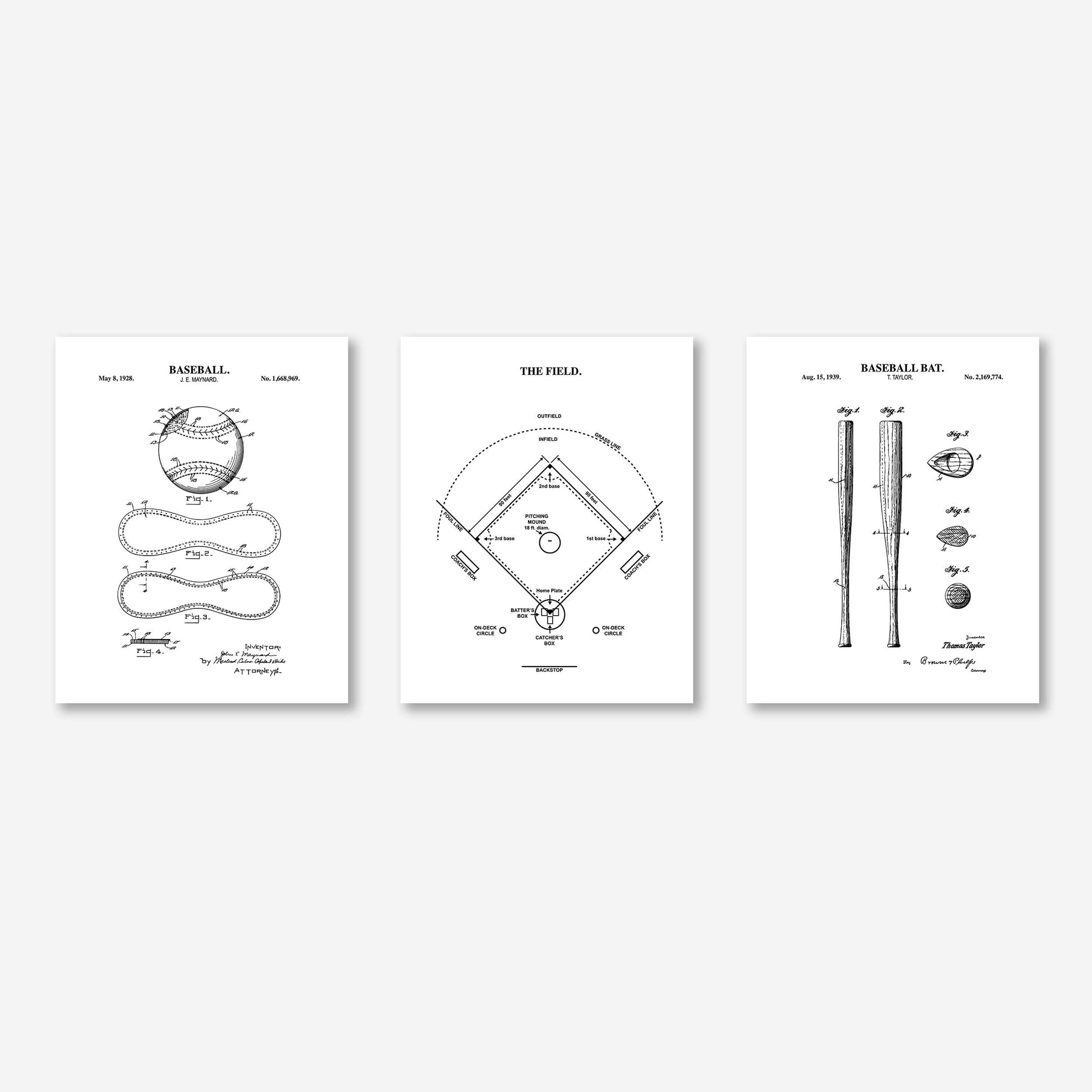 Three black and white prints of baseball-related patent illustrations on a white background.