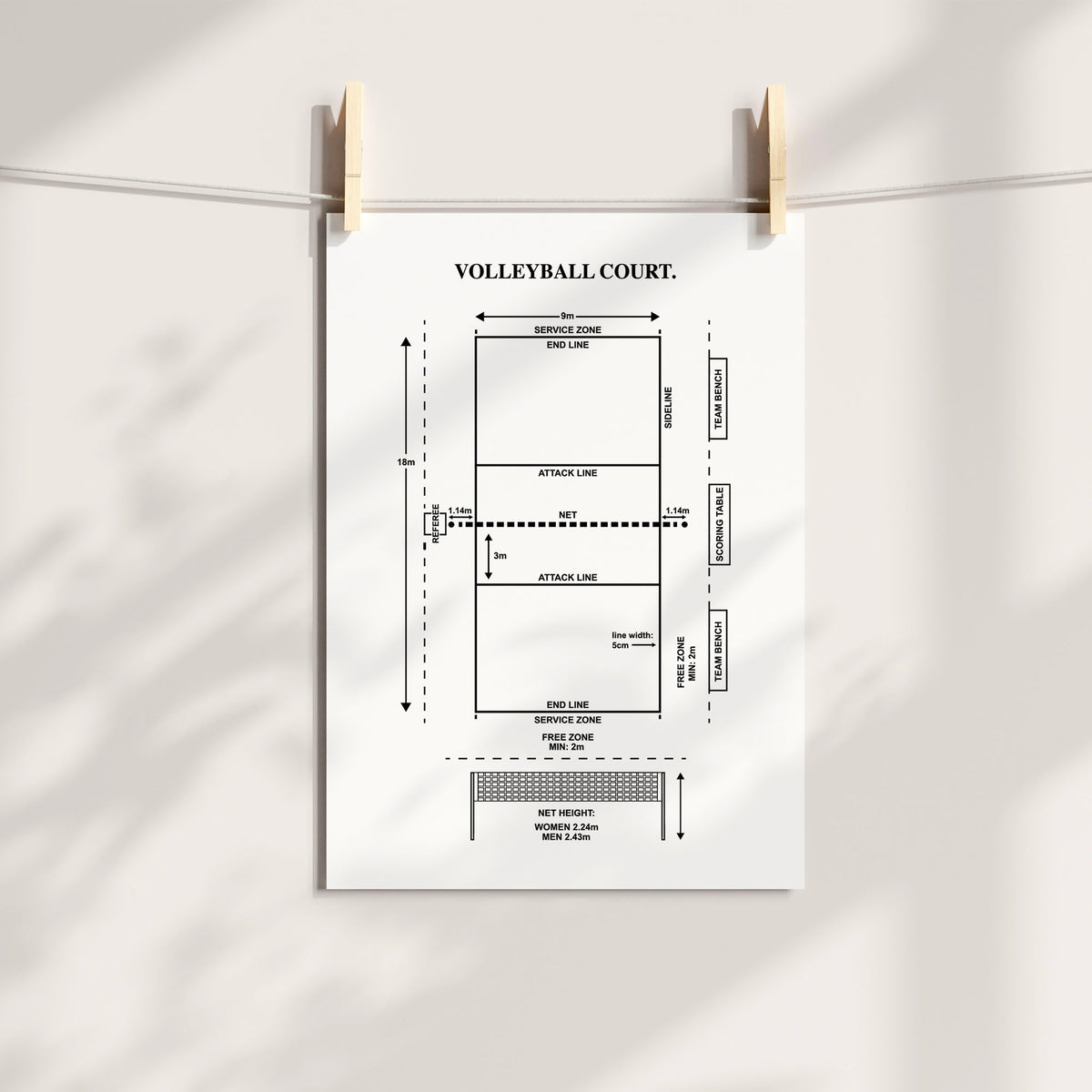 Classic White volleyball court diagram art print displayed with wooden clips.