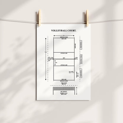 Classic White volleyball court diagram art print displayed with wooden clips.