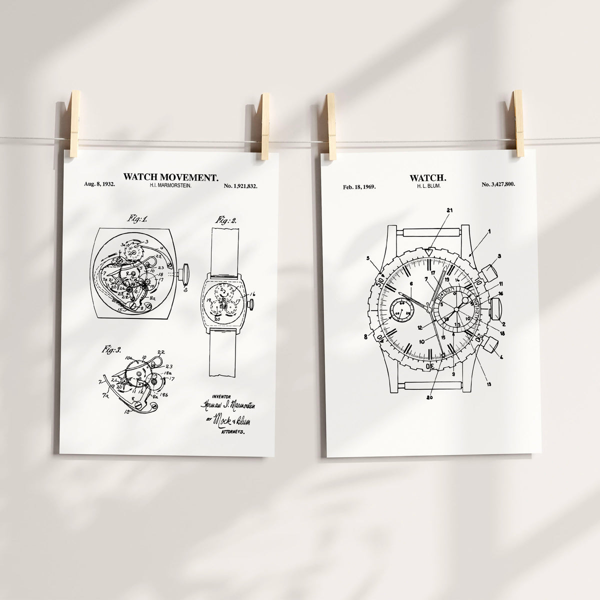 Vintage Watch Patent Wall Art | Mechanical Watch Set of 2 | Ready to Frame Prints