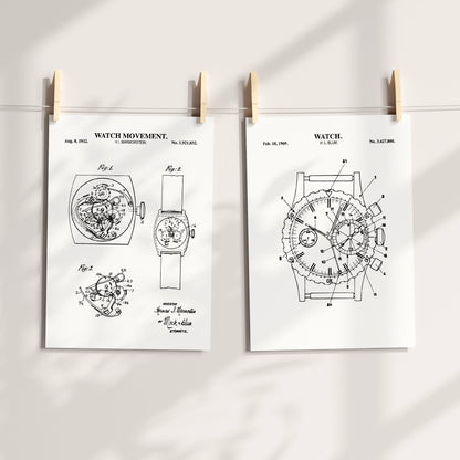 Vintage Watch Patent Wall Art | Mechanical Watch Set of 2 | Ready to Frame Prints