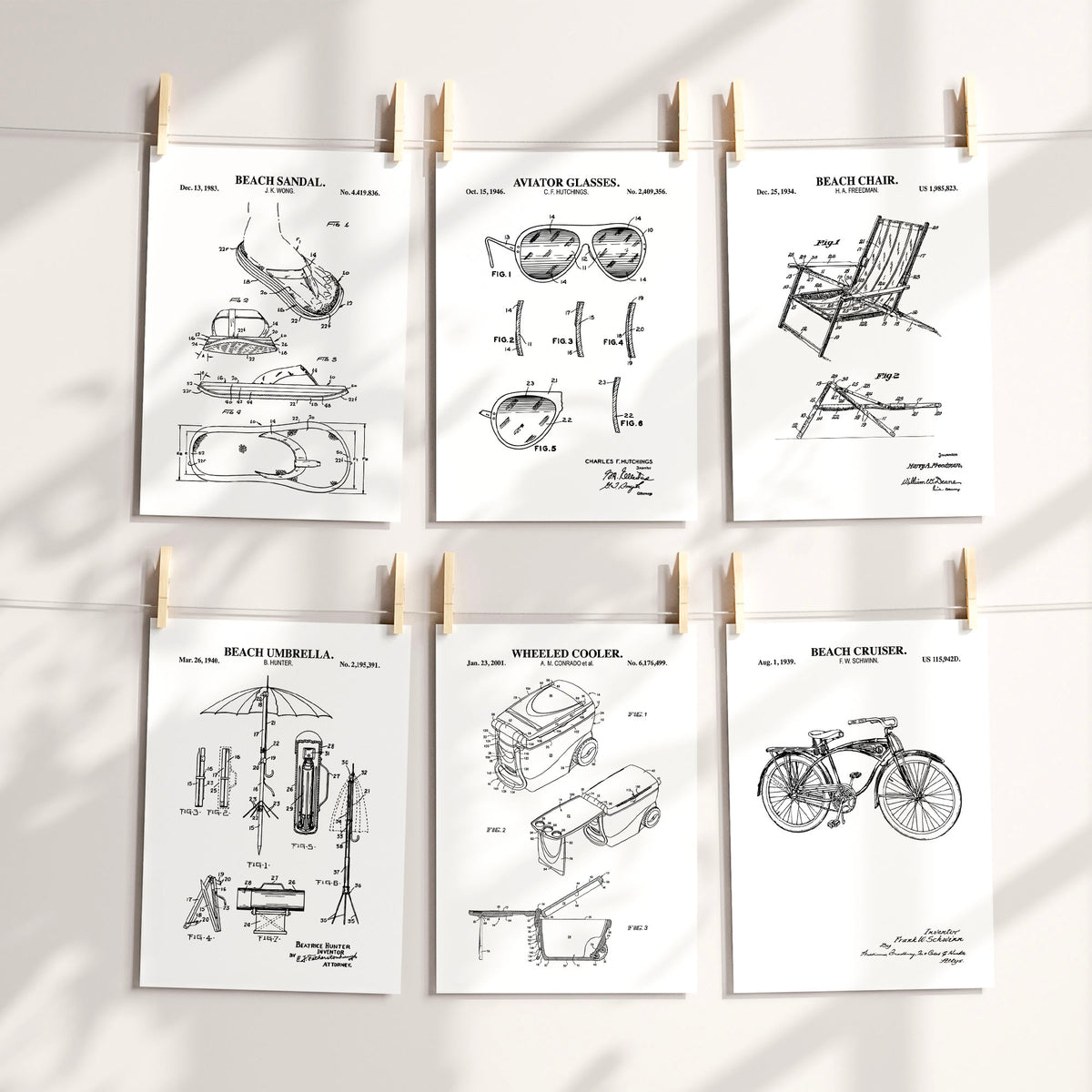 Set of 6 black and white unframed patent prints featuring beach gear 