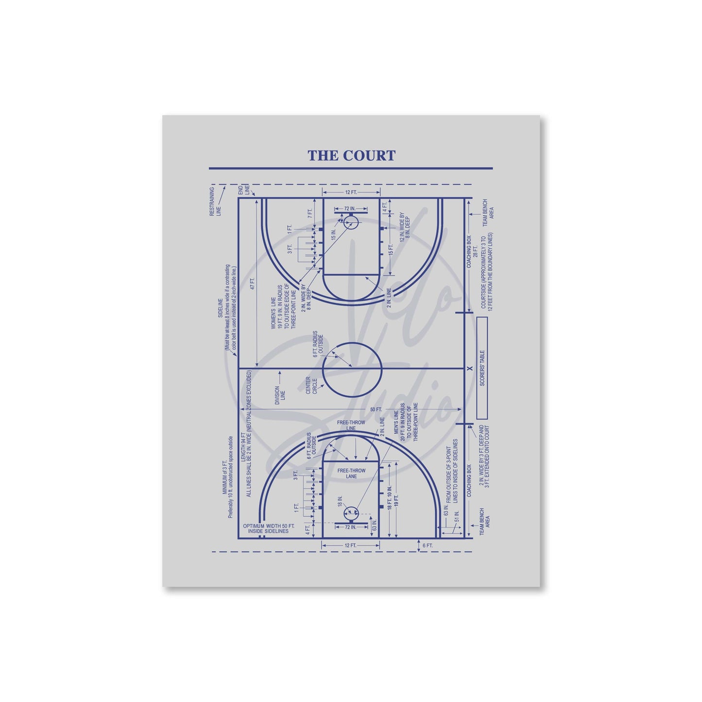 Blueprints of a basketball court on a gray background