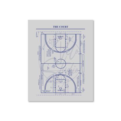 Blueprints of a basketball court on a gray background