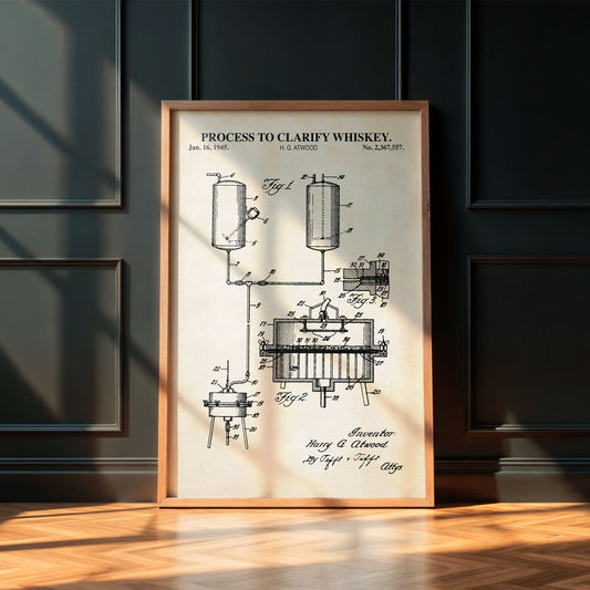 Framed patent poster for a whiskey clarification process on a wall.
