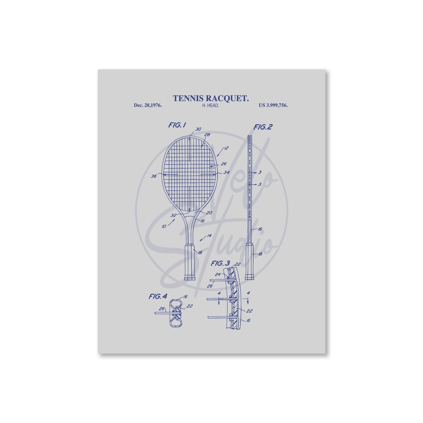 Tennis Racquet Patent Wall Art Print - Ready to Frame Sports Office Decor