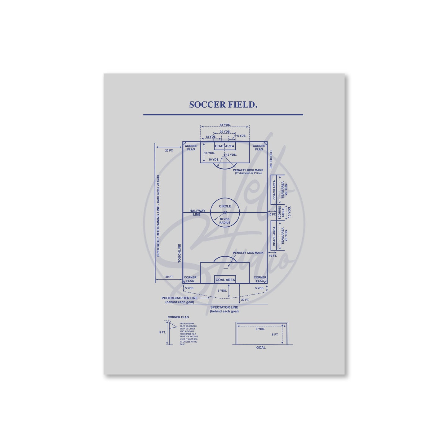 Soccer field blueprint on a white background