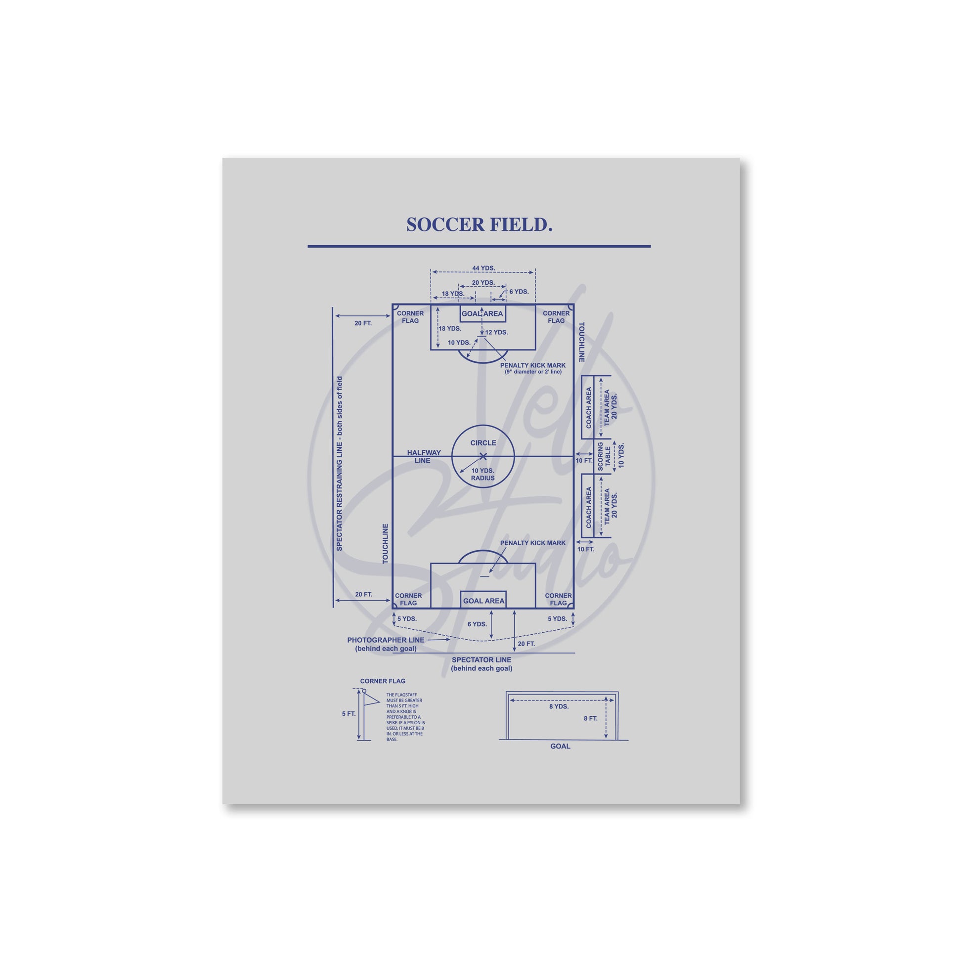 Soccer field blueprint on a white background