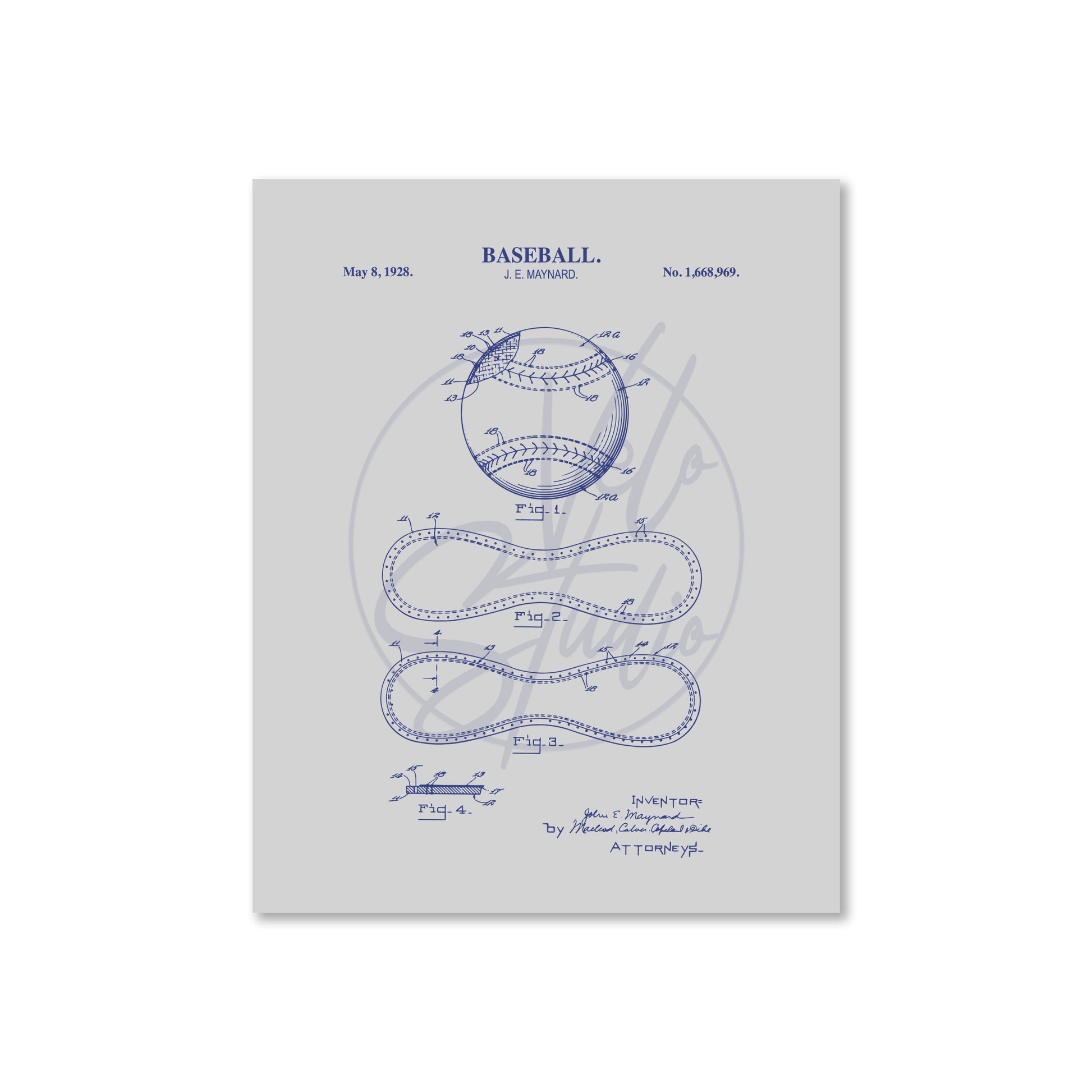 Baseball patent illustration on a white background