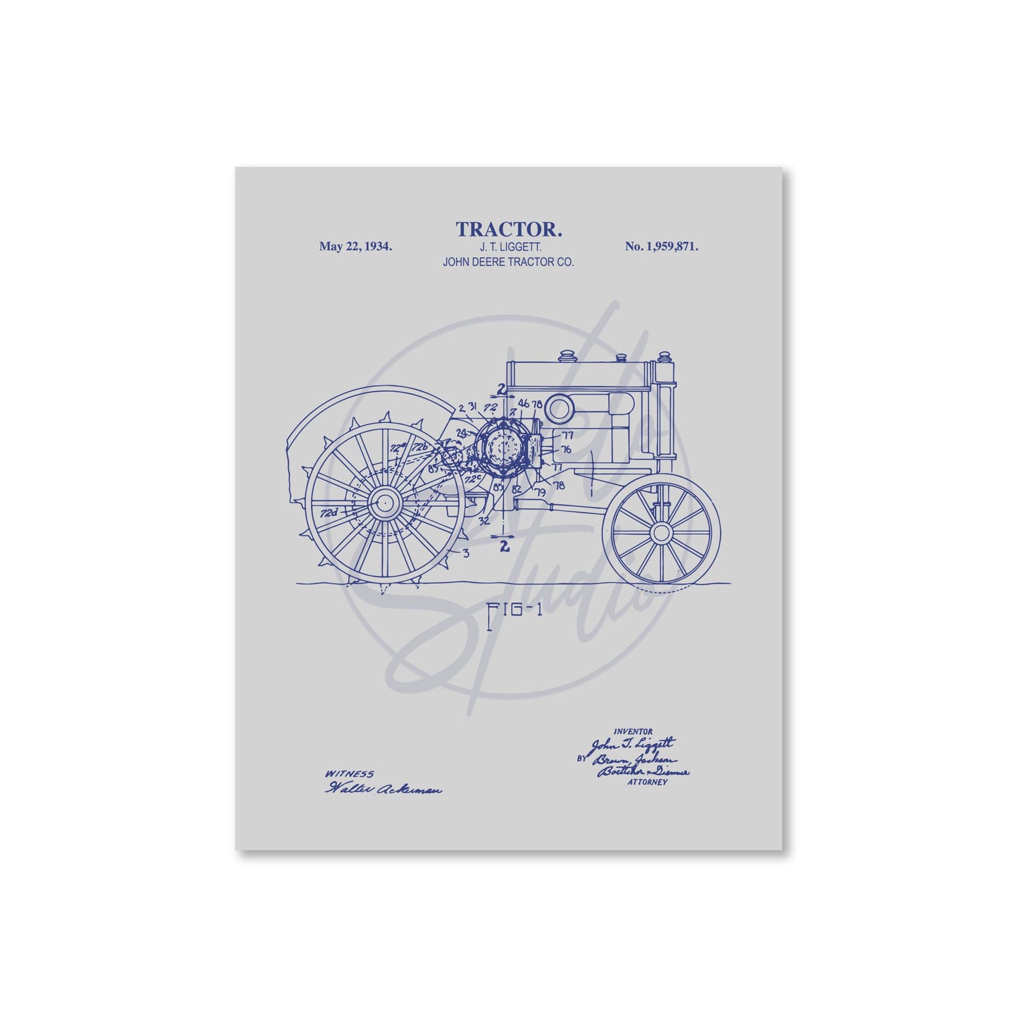 Blueprint of a tractor on a light gray background