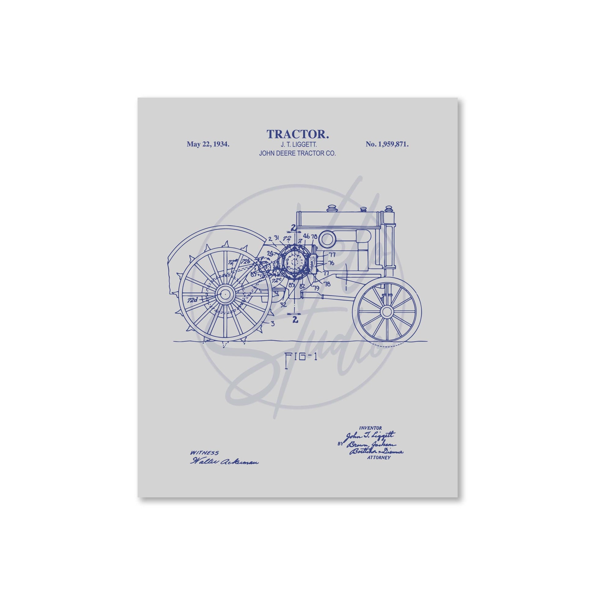 Blueprint of a tractor on a light gray background