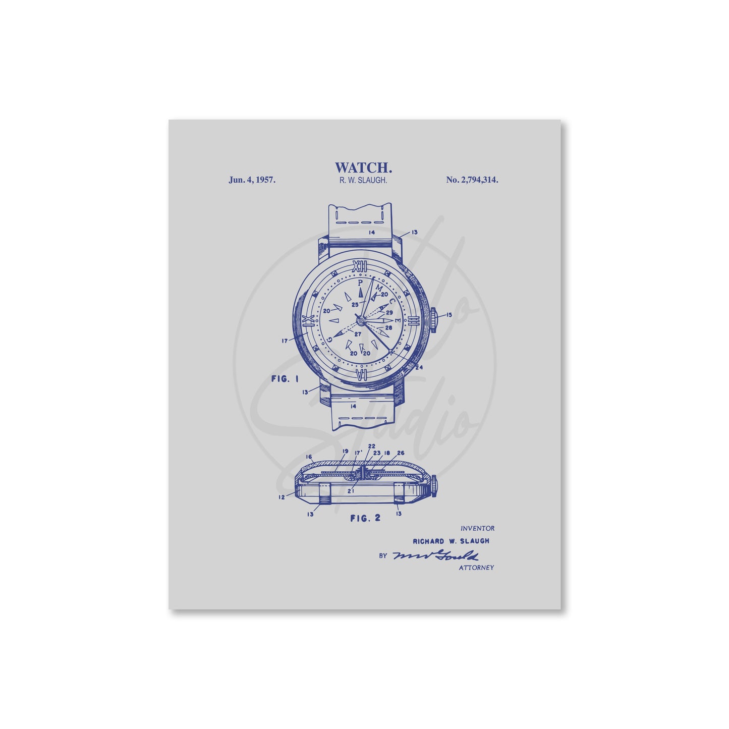 Watch patent illustration on a light gray background
