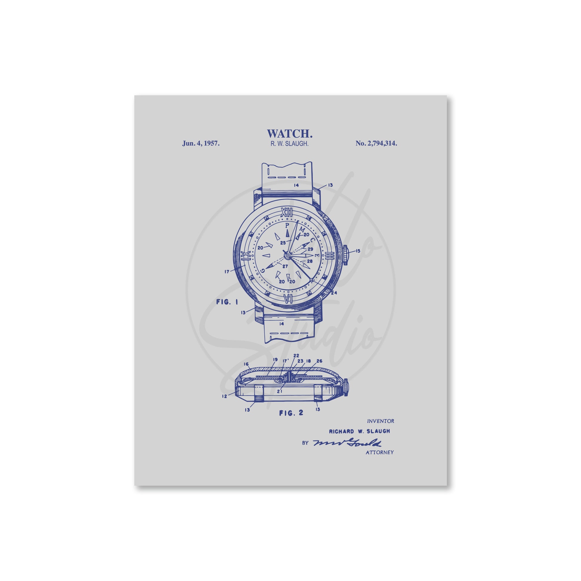 Watch patent illustration on a light gray background