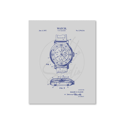 Watch patent illustration on a light gray background