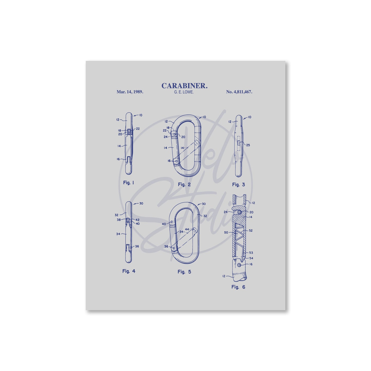 Carabiner patent illustration on a light gray background