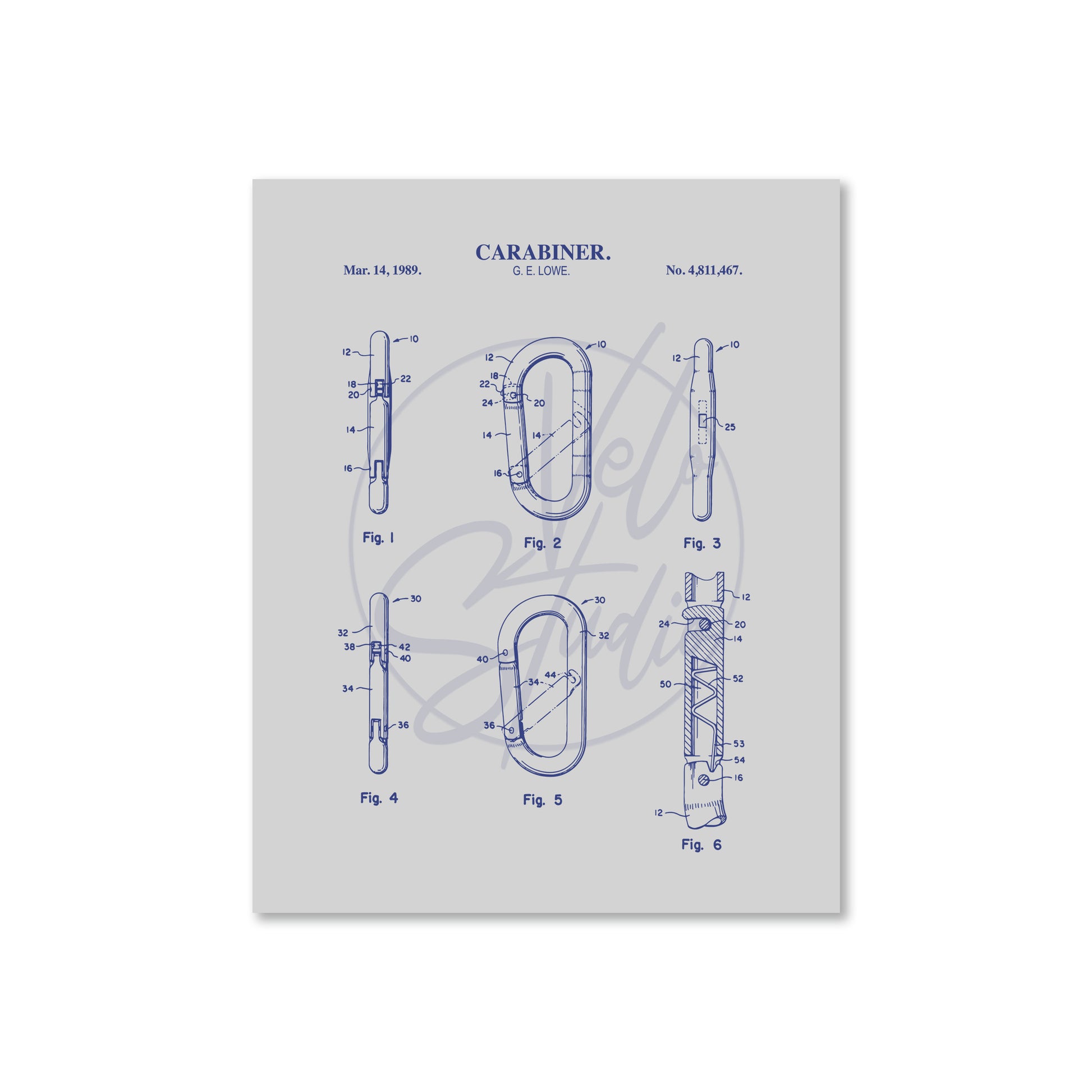 Carabiner patent illustration on a light gray background