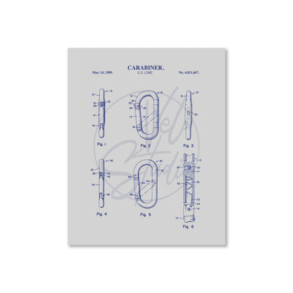 Carabiner patent illustration on a light gray background