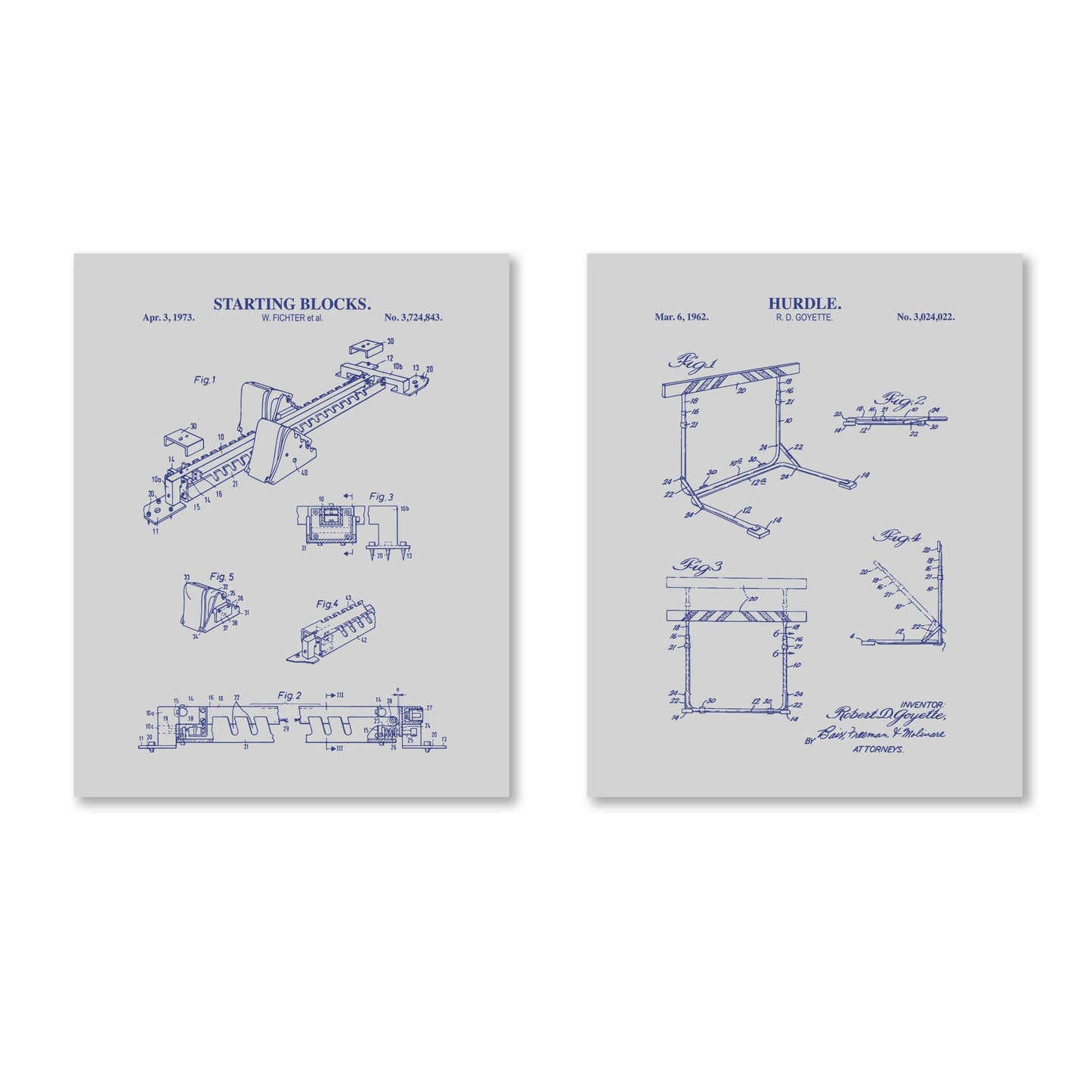 Track & Field Wall Art - Hurdle and Starting Blocks Patent Prints -  Set of 2 Physical Prints