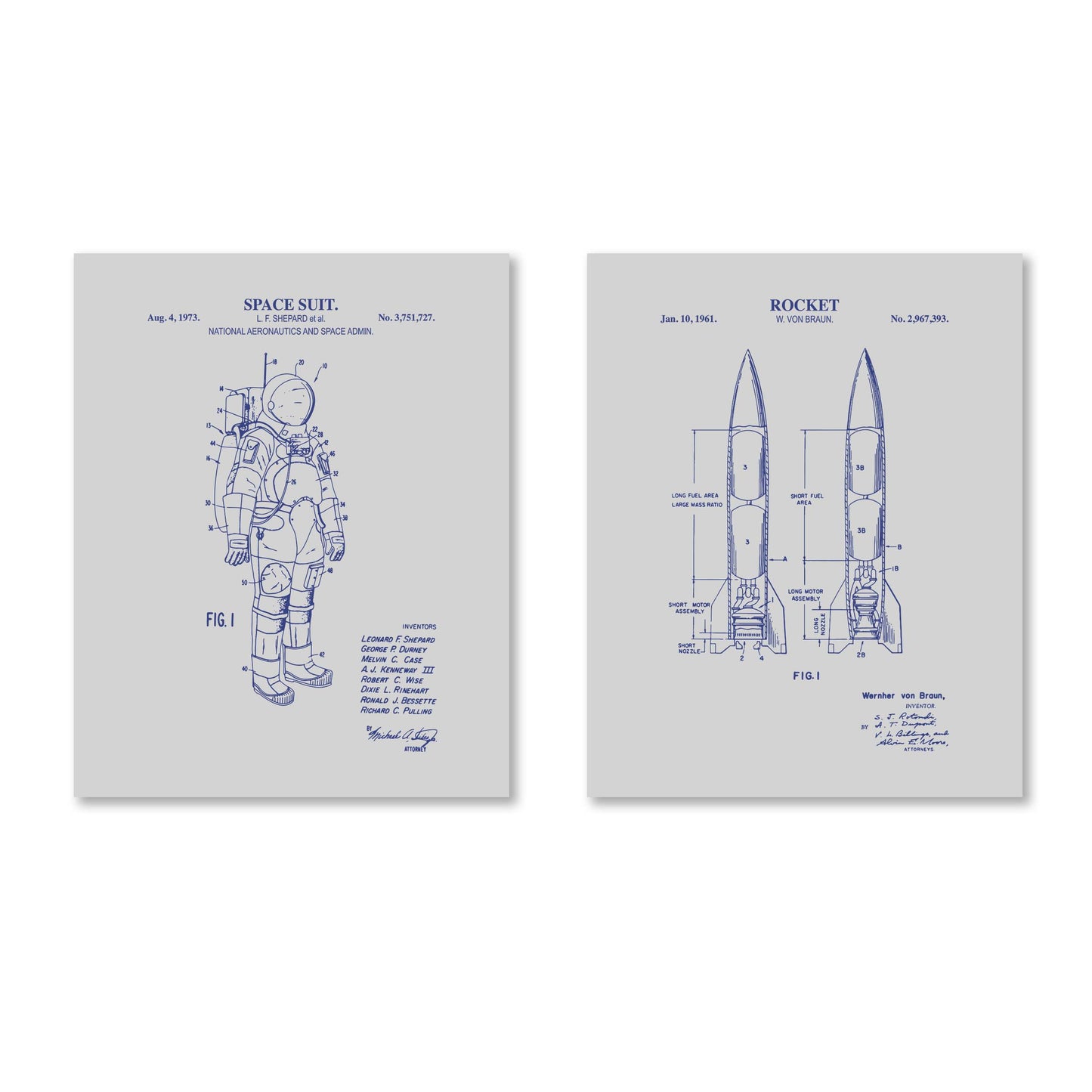Space Patent Print Set - Rocket & Space Suit Wall Art - Ready to Frame Prints