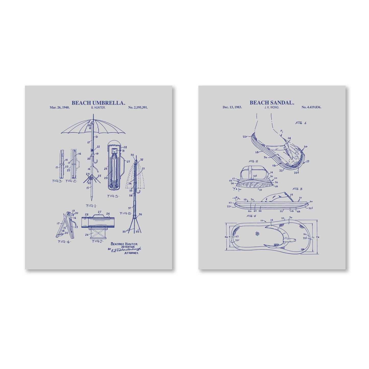 Beach Wall Art Set of 2 -  Flip Flop and Umbrella - Ready to Frame Prints