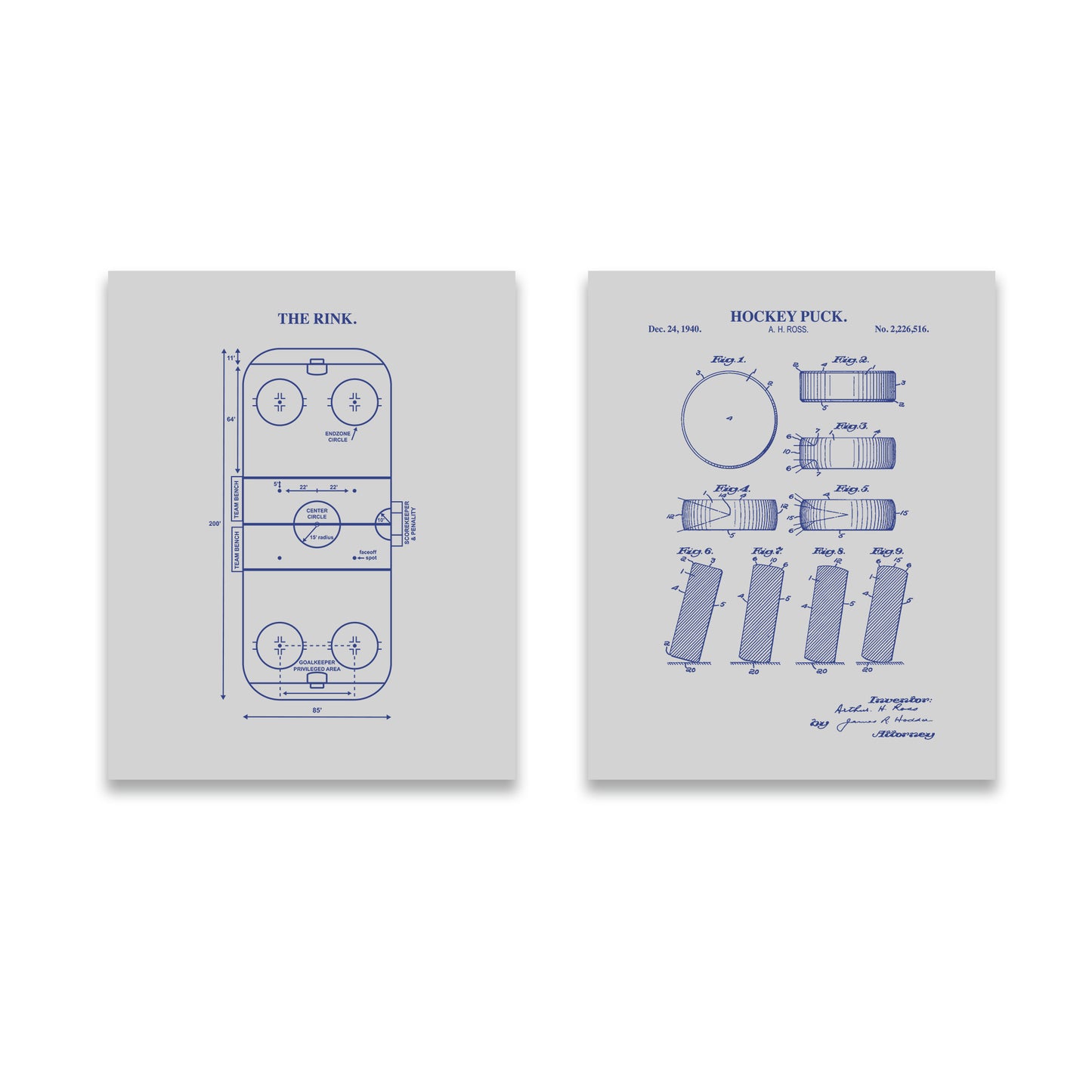 Hockey Wall Art Set - Puck Patent & Rink Diagram - Ready to Frame Prints