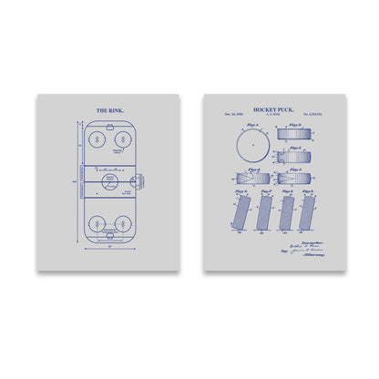 Hockey Wall Art Set - Puck Patent & Rink Diagram - Ready to Frame Prints