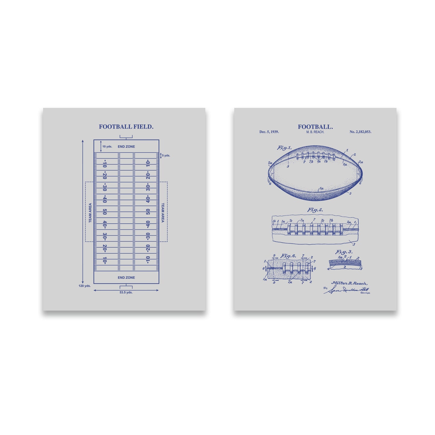 Football Wall Art Set - Football Patent & Field Diagram - Ready to Frame Prints