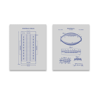 Football Wall Art Set - Football Patent & Field Diagram - Ready to Frame Prints