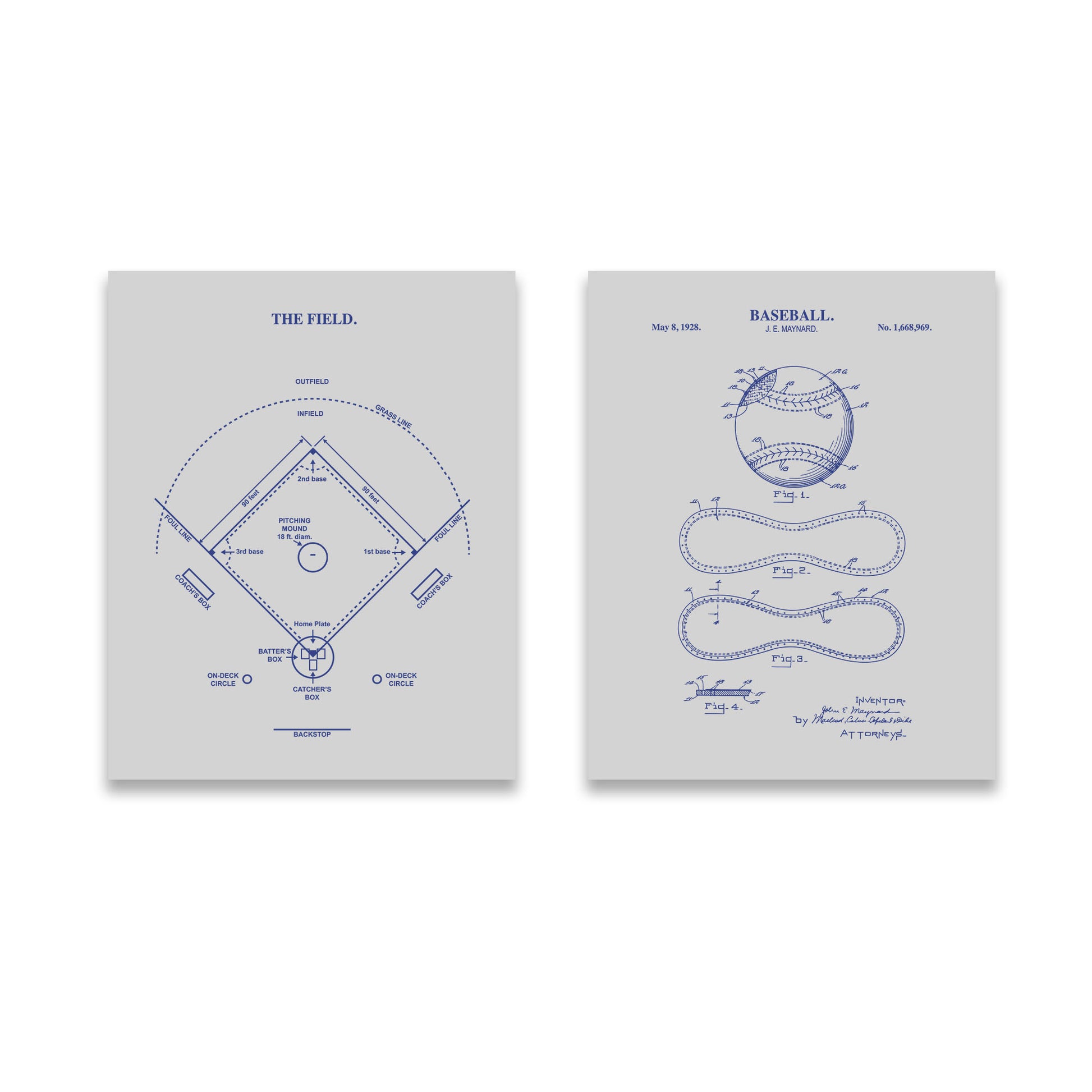 Two vertical wall art prints showing blue patent-style diagrams on a light gray background, labeled 'THE FIELD.' and 'BASEBALL.