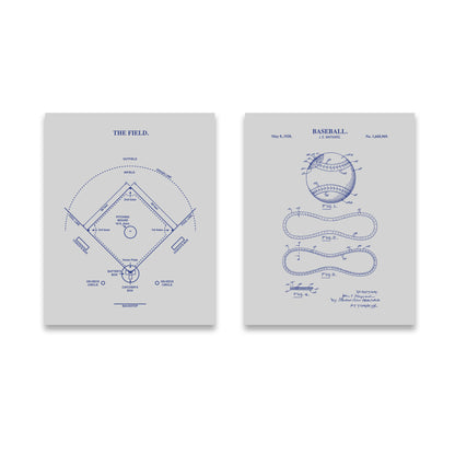 Two vertical wall art prints showing blue patent-style diagrams on a light gray background, labeled 'THE FIELD.' and 'BASEBALL.