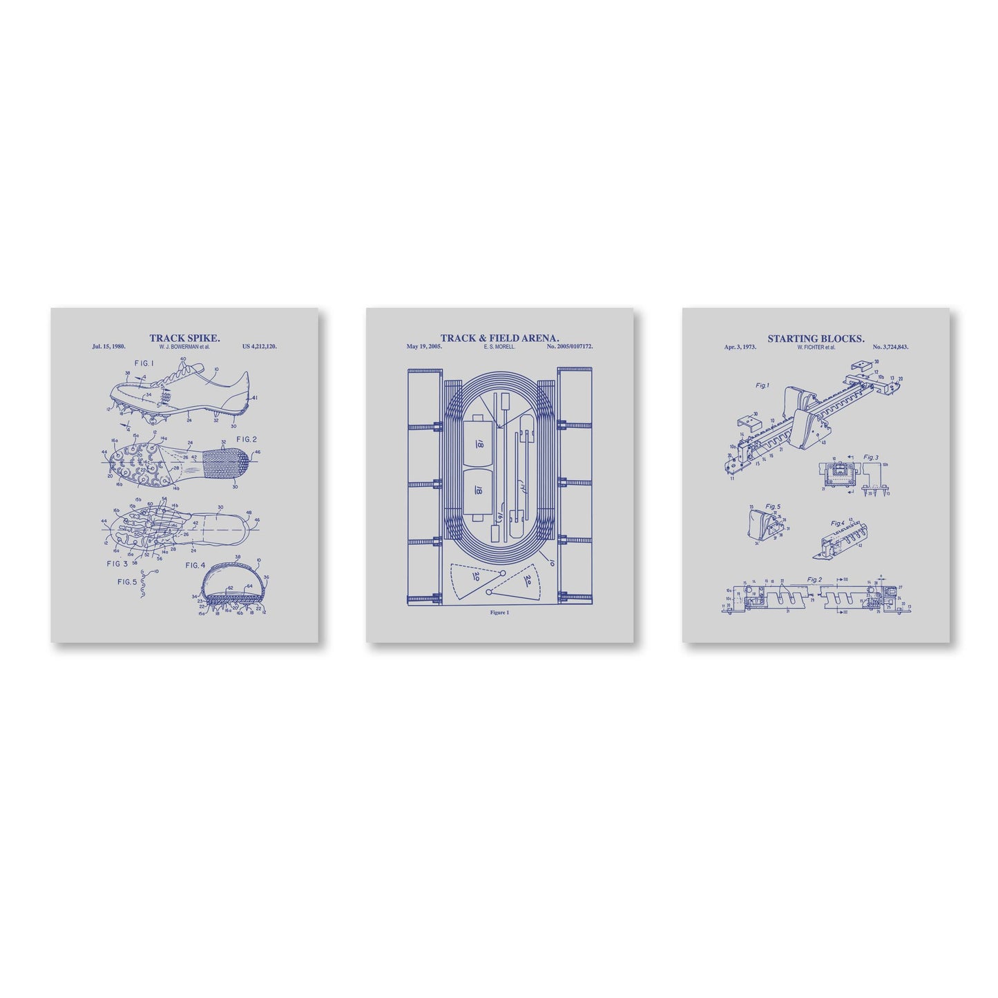 Three gray and navy track and field equipment patent print on a white background