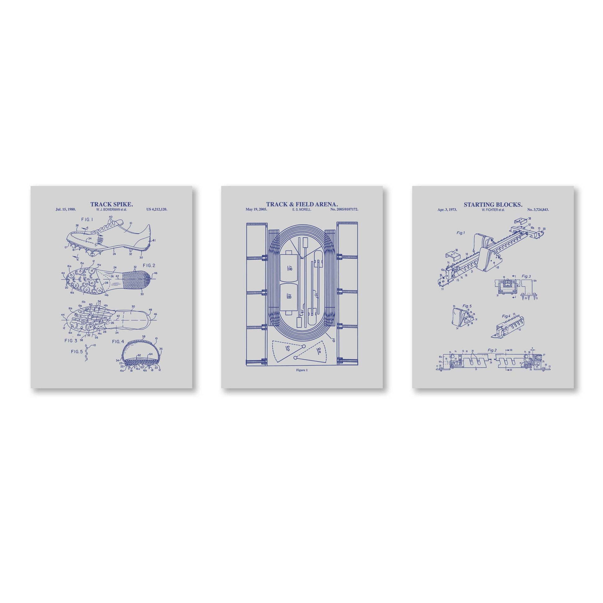 Three gray and navy track and field equipment patent print on a white background