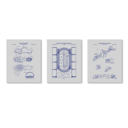 Three gray and navy track and field equipment patent print on a white background