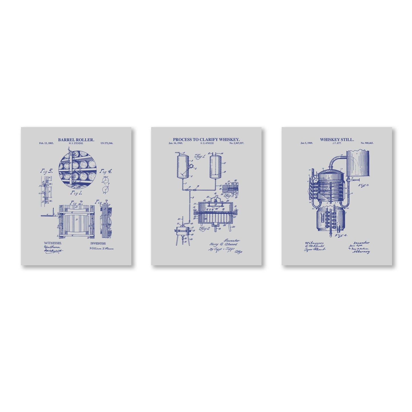 Three framed prints with blueprints of whiskey-making equipment on a white background