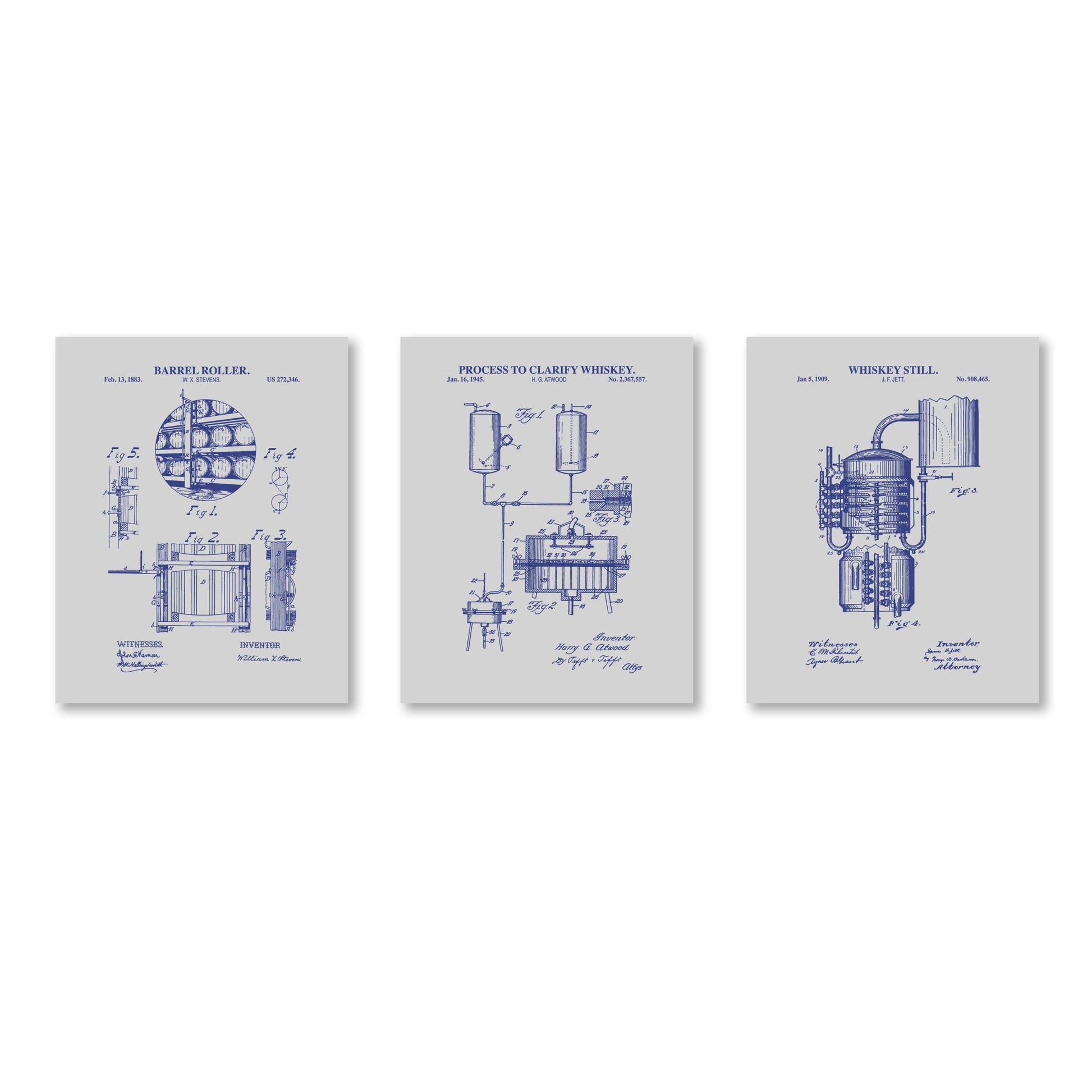 Three framed prints with blueprints of whiskey-making equipment on a white background