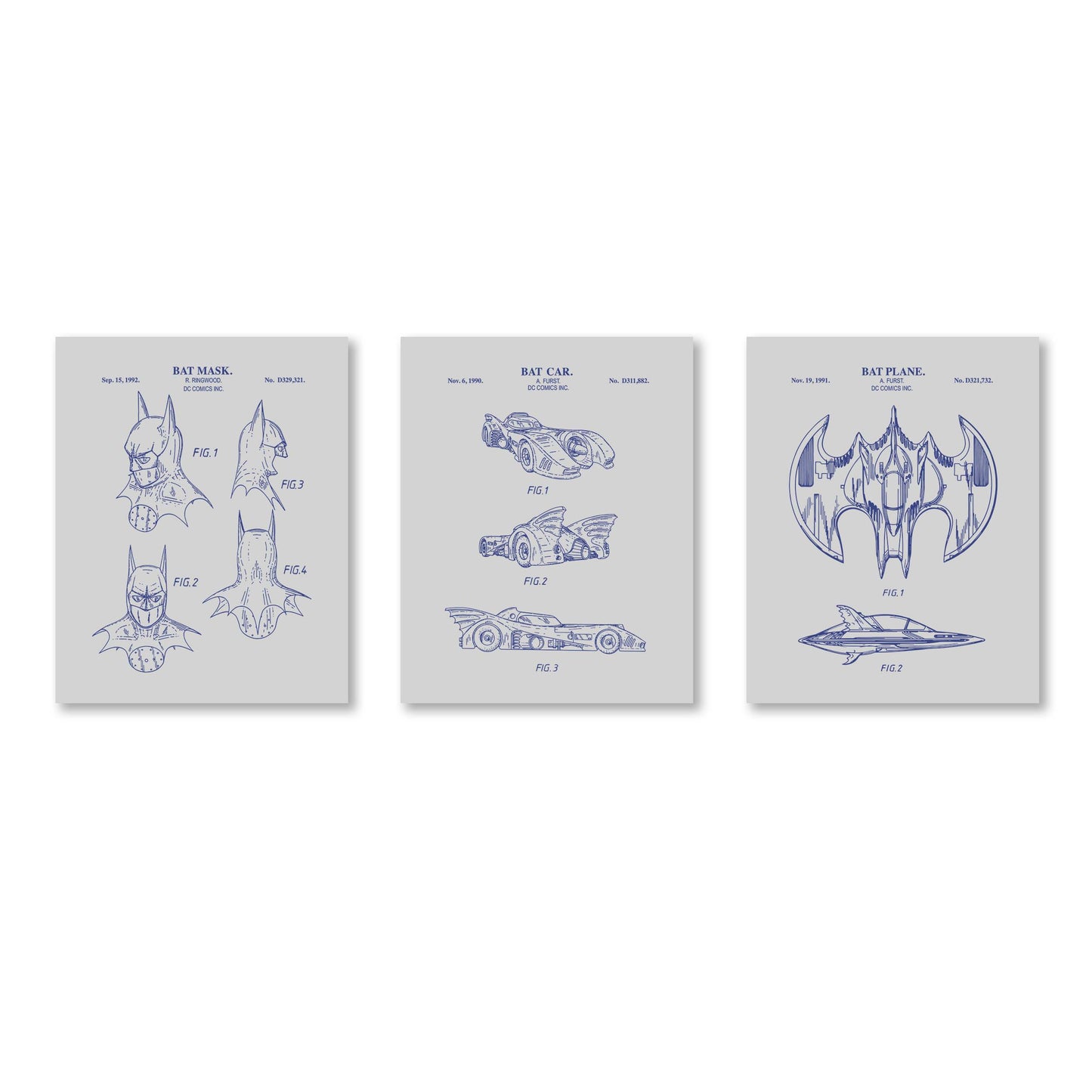 Bat Superhero Patent Print Wall Art - Set of 3 Physical Prints