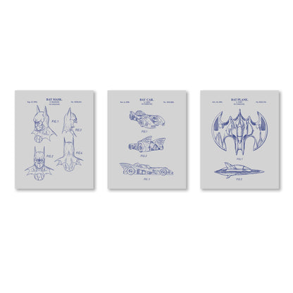 Bat Superhero Patent Print Wall Art - Set of 3 Physical Prints